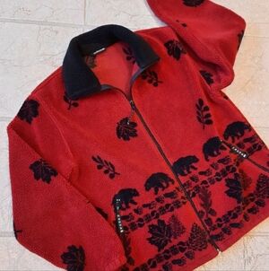 Nanuk Red Plush Fleece Jacket Ladies L Bears & Leaves Northwoods